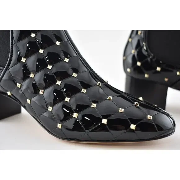 Valentino Rockstud Chelsea Spike Black Patent Stud Heel Short Ankle Bootie 37
